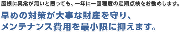 屋根に異常がないと思っても、一年に一回程度の定期点検をお勧めします。早めの対策が大事な資産を守り、メンテナンス費用を最小限に抑えます。